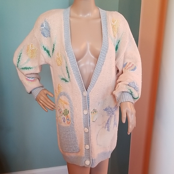 Marisa Christina Sweaters - Peach and Blue Oversized Hand Knitted Cardigan Sweater